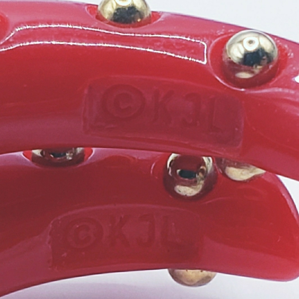 Vintage 80s KJL Bright Red and Gold Studded Hoop Lucite Earrings 1.25" 0216 - Picture 7 of 8